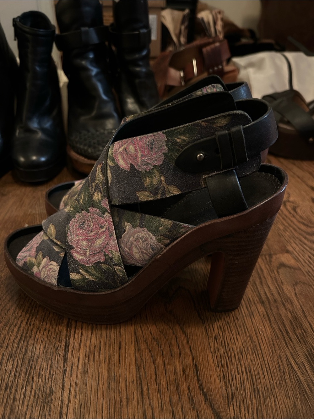 rag & bone Black Floral Cross-Strap Platform Sandals